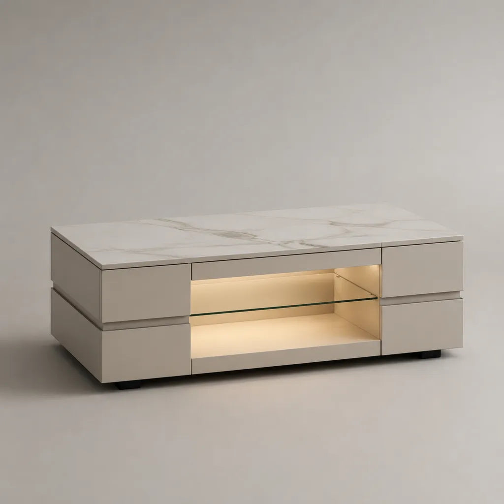 Rechteckiger Couchtisch aus MDF mit Glasablage, 4 Schubladen und LED-Beleuchtung, Weiß mit Marmoroptik, 120 × 60 × 45 cm