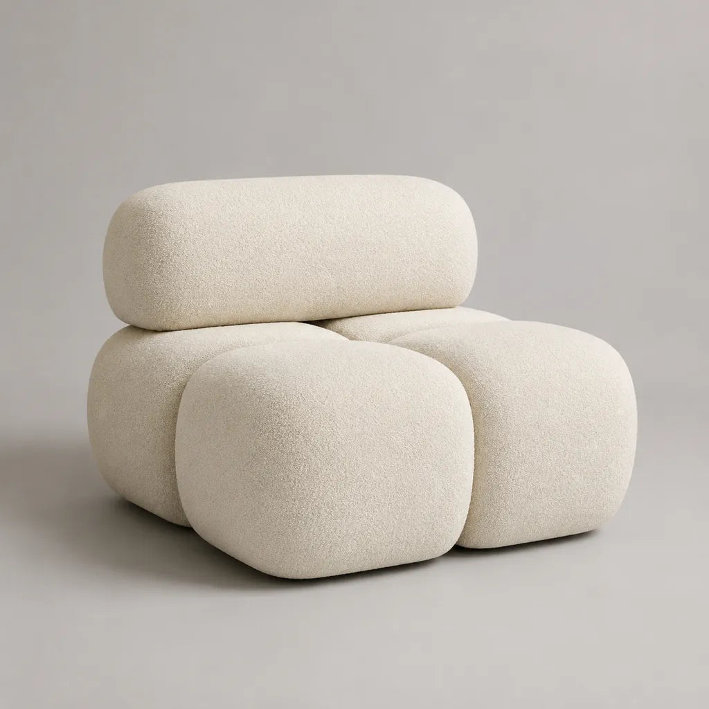 Loungesessel mit Bouclé-Bezug aus 100 % Polyester, abgerundete Form, Cremeweiß, 108 × 96 × 77 cm
