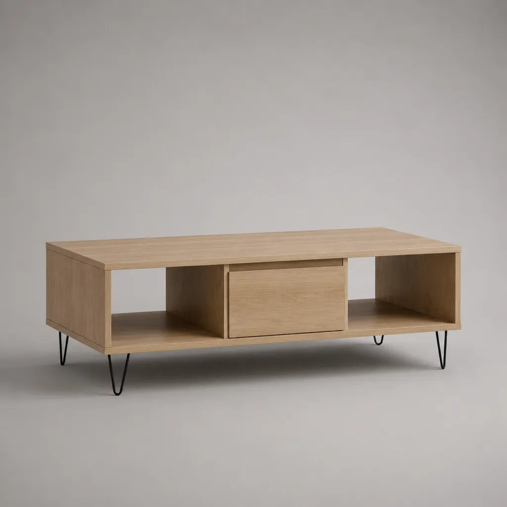 Rechteckiger Couchtisch aus MDF mit Eichenfurnier und Stahlbeinen, Schublade und 2 Ablagefächern, Eiche natur/Schwarz, 110 × 55 × 45 cm