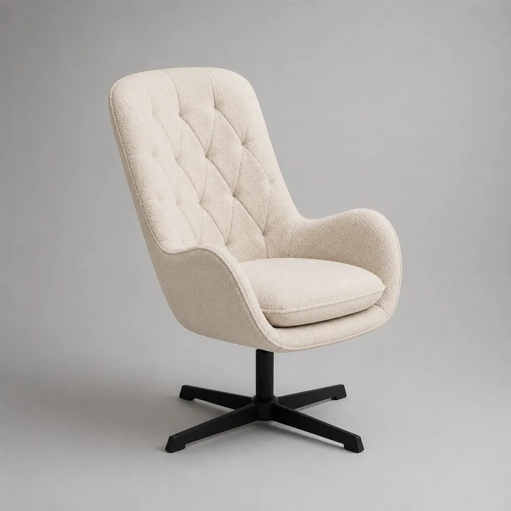 Drehsessel aus Polyester-Bouclé mit abgerundeter Rückenlehne und Stahl-Kreuzfuß, Creme/Schwarz, 76 × 82 × 101 cm