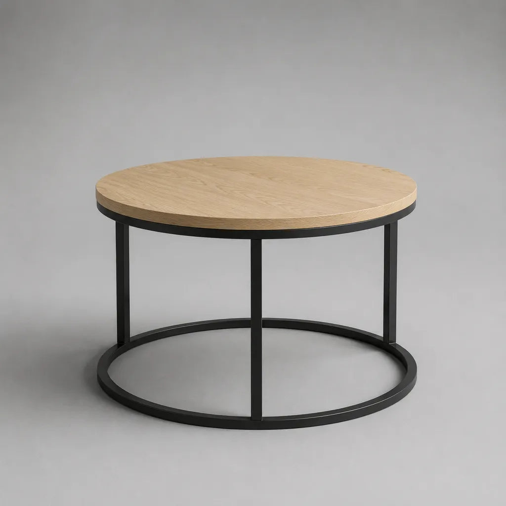 Runder Couchtisch aus MDF und Metall, Eiche Natur und Schwarz, Ø 80 × H 45 cm