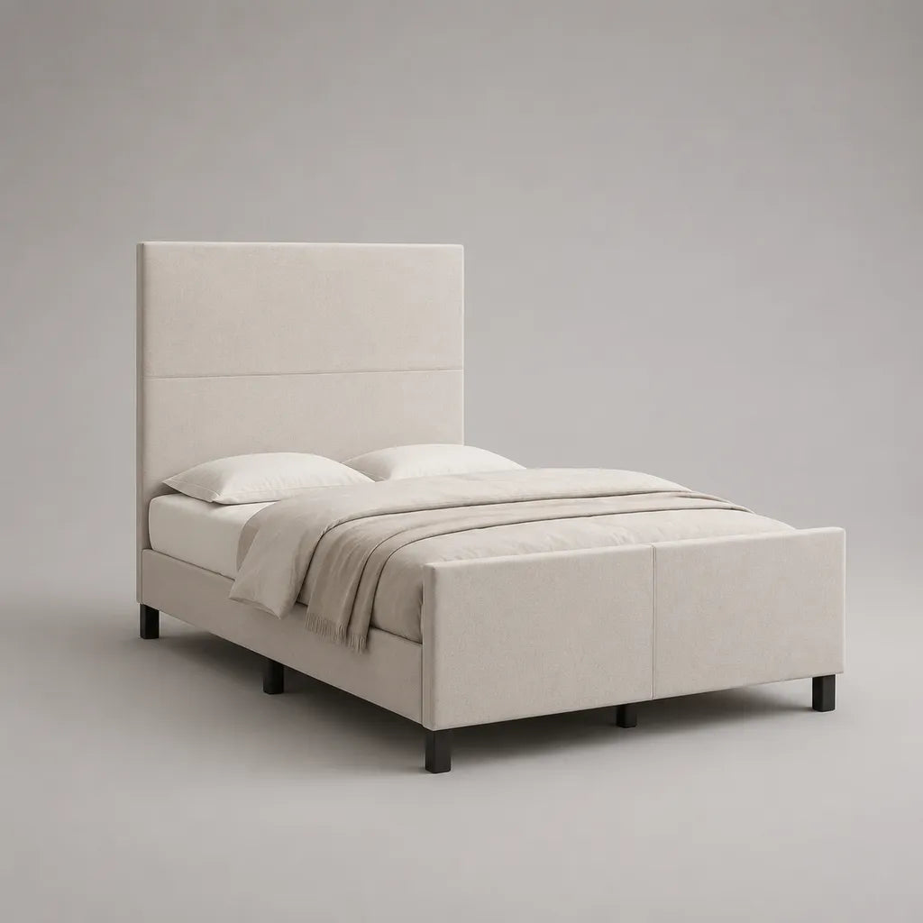 Polsterbett-Doppelbett aus Polyester, Massivholz und Stahl, Beige und Schwarz, Liegefläche 160 × 200 cm, Gesamtmaß 171 × 216 × 130 cm
