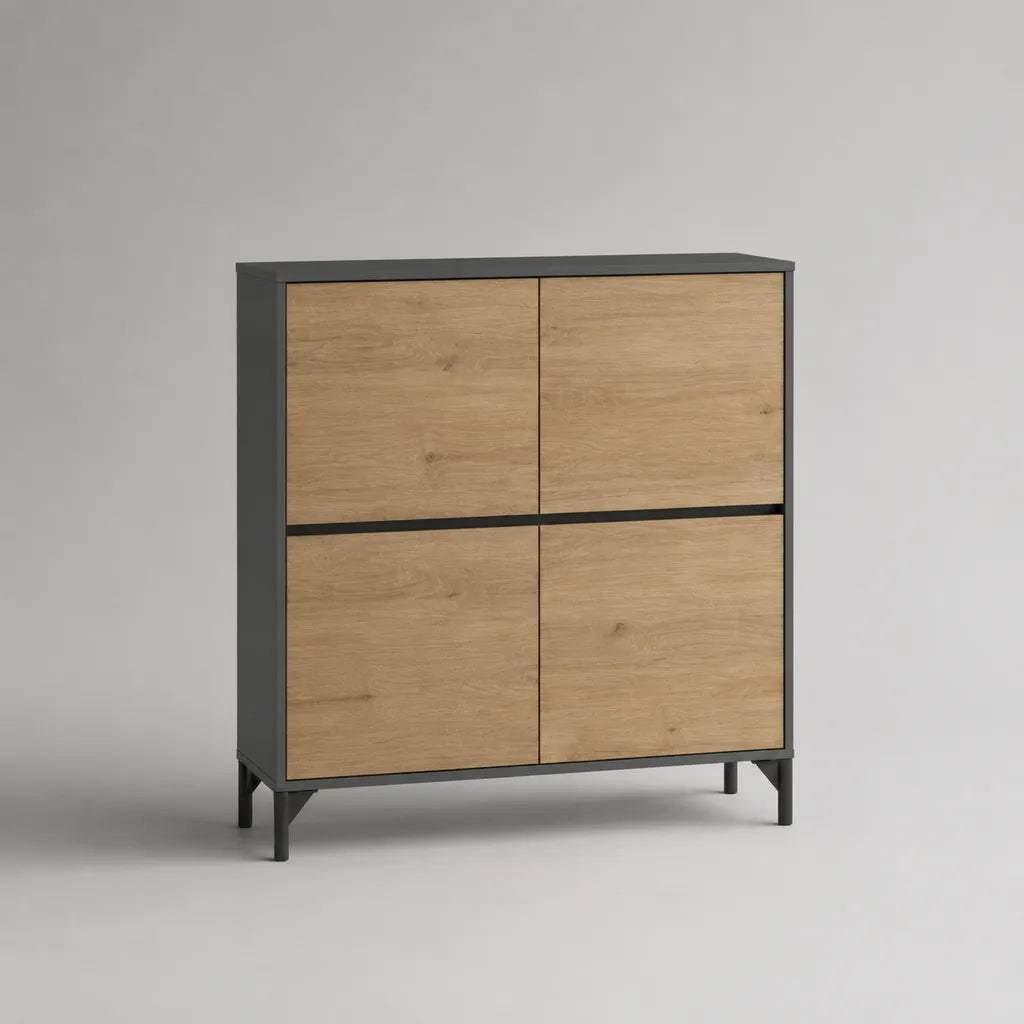 Schuhschrank mit 4 Türen aus melaminbeschichteter Spanplatte und Stahl, Eichefarben und Anthrazit, 100 × 35 × 110 cm