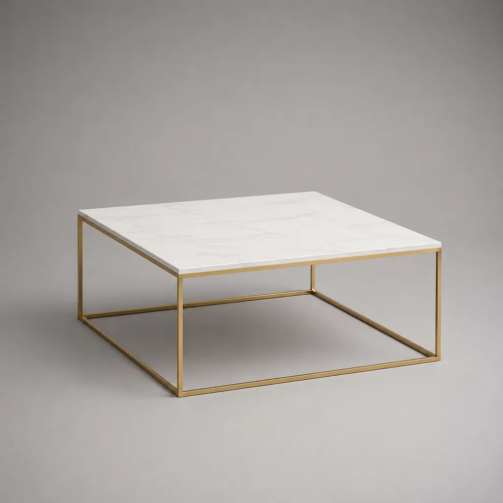 Quadratischer Couchtisch aus MDF und Stahl, Weiß-Gold, 80 × 80 × 40 cm