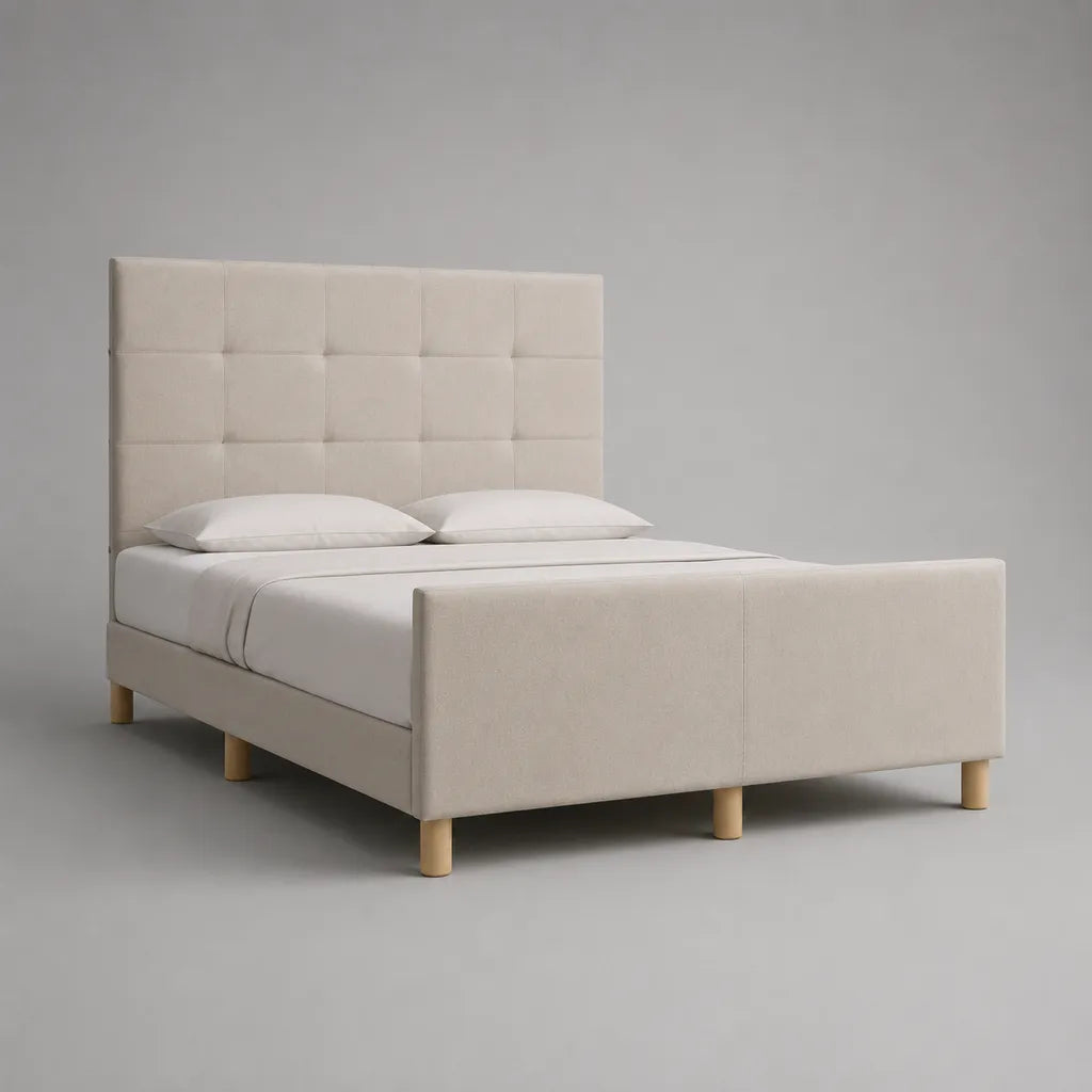 Polsterbett Doppelbett mit hohem Kopfteil und Fußteil, Polyesterbezug, Creme, Liegefläche 160 x 200 cm, Gesamtmaß 171 x 216 x 120 cm