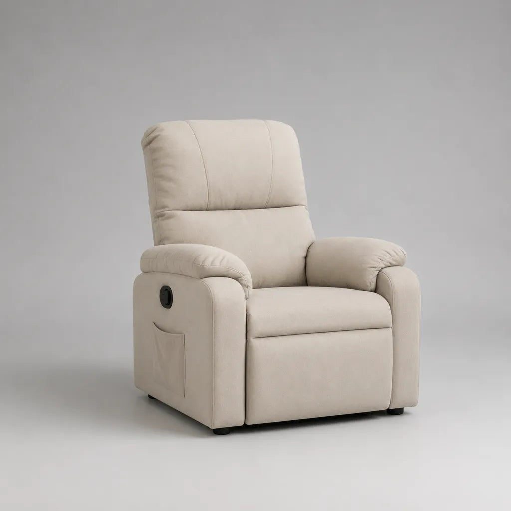 Elektrischer Relaxsessel mit Liegefunktion und Seitentasche aus Polyester-Mikrofaser, Beige, 92 × 95 × 105 cm