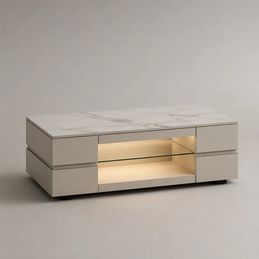 Rechteckiger Couchtisch aus MDF mit Glasablage, 4 Schubladen und LED-Beleuchtung, Weiß mit Marmoroptik, 120 × 60 × 45 cm