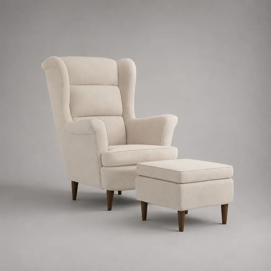 Ohrensessel mit Fußhocker, 2-teilig, Polyester-Chenille, Massivholzbeine, Beige, Sessel 82 × 88 × 108 cm, Hocker 60 × 45 × 42 cm