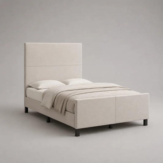 Polsterbett-Doppelbett aus Polyester, Massivholz und Stahl, Beige und Schwarz, Liegefläche 160 × 200 cm, Gesamtmaß 171 × 216 × 130 cm