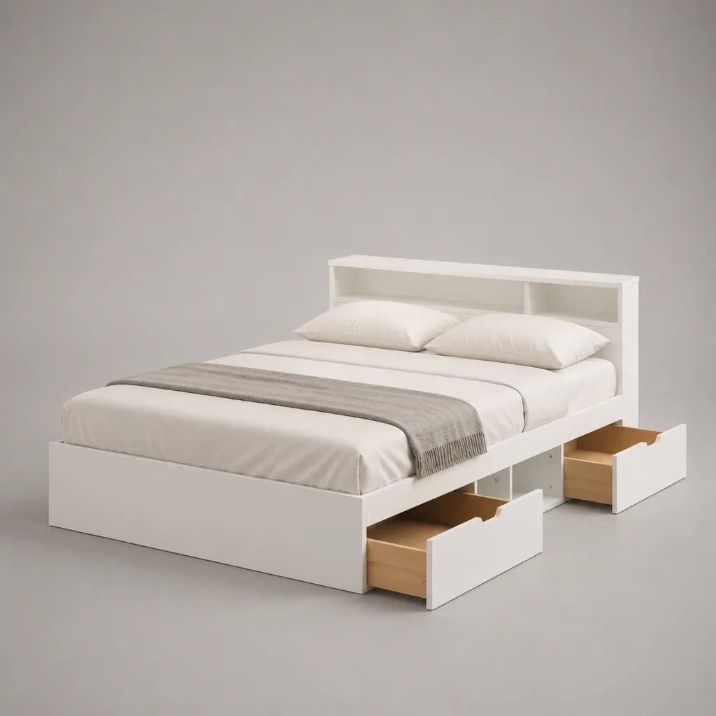 Doppelbett aus Spanplatte mit 2 Schubladen und Regal-Kopfteil, Weiß/Eiche Natur, Liegefläche 160 × 200 cm