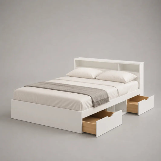Doppelbett aus Spanplatte mit 2 Schubladen und Regal-Kopfteil, Weiß/Eiche Natur, Liegefläche 160 × 200 cm