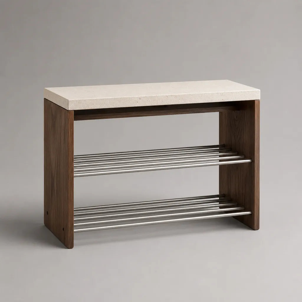 Schuhregal mit Sitzbank aus MDF, Edelstahl und Steinplatte, Braun/Cremeweiß/Silber, 80 × 30 × 60 cm