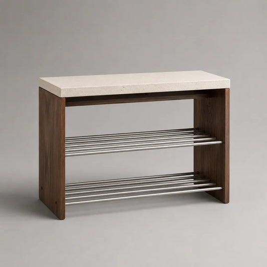 Schuhregal mit Sitzbank aus MDF, Edelstahl und Steinplatte, Braun/Cremeweiß/Silber, 80 × 30 × 60 cm