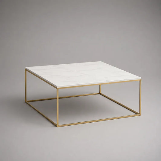 Quadratischer Couchtisch aus MDF und Stahl, Weiß-Gold, 80 × 80 × 40 cm