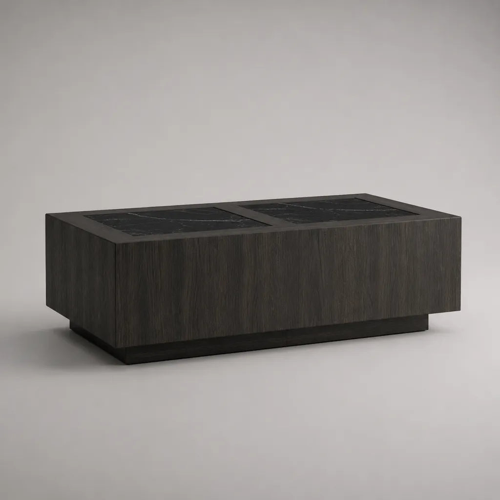Rechteckiger Couchtisch aus MDF mit Eschenfurnier und Sinterstein, Schwarzbraun/Schwarz, 120 × 60 × 40 cm