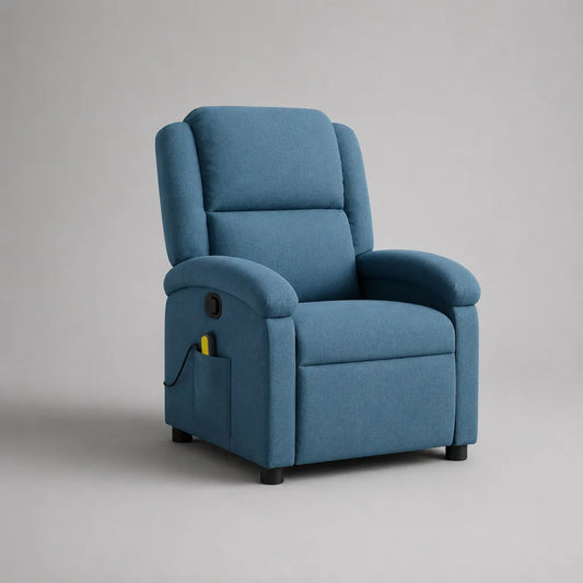 Elektrischer Relaxsessel mit Stoffbezug, hoher Rückenlehne, Fußstütze und USB-Anschluss, Blau, 86 × 92 × 105 cm