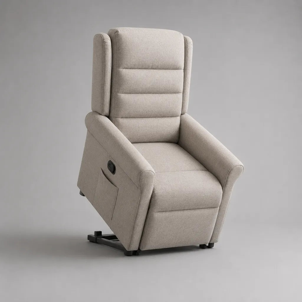 Elektrischer Aufstehsessel mit Liegefunktion, Stoffbezug und Stahlgestell, Beige, 76 × 90 × 105 cm
