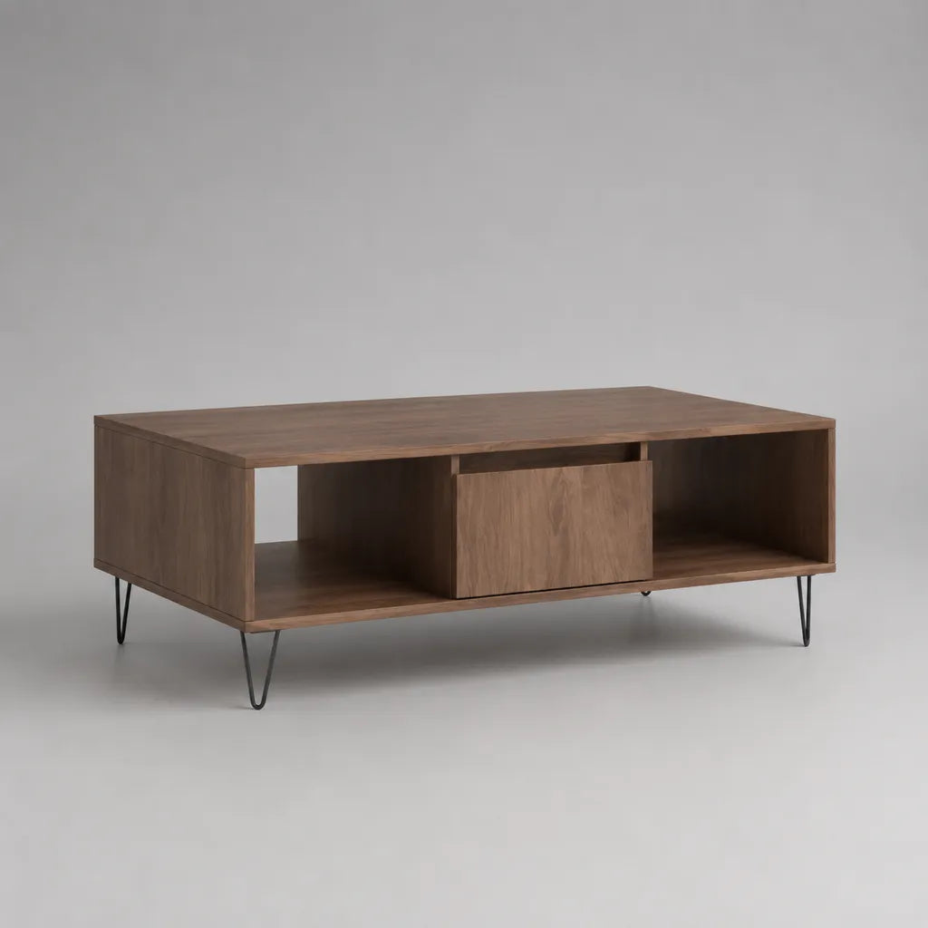 Rechteckiger Couchtisch mit Schublade und Ablagefächern, MDF mit Walnussfurnier, Nussbraun/Schwarz, 110 × 55 × 45 cm