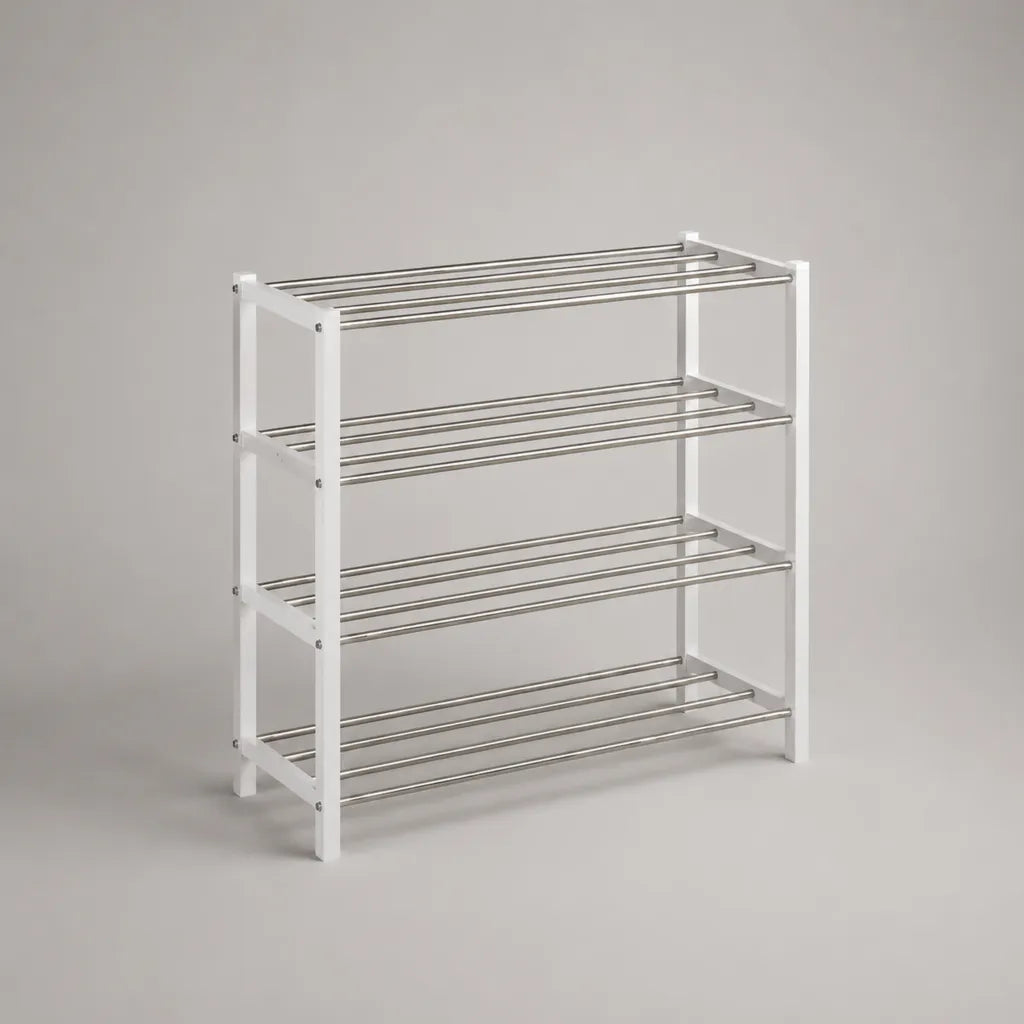 Schuhregal mit 4 Ebenen aus Edelstahl und pulverbeschichtetem Stahl, Weiß/Silber, 63 × 20 × 65 cm