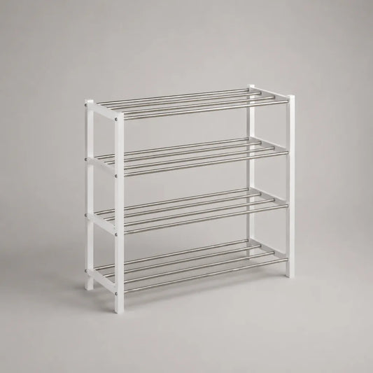 Schuhregal mit 4 Ebenen aus Edelstahl und pulverbeschichtetem Stahl, Weiß/Silber, 63 × 20 × 65 cm