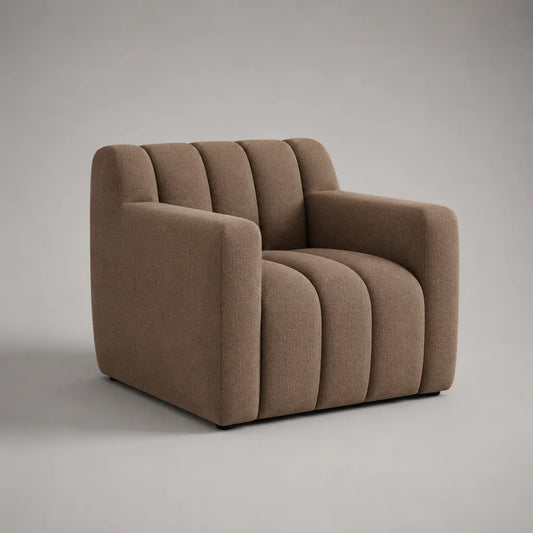 Loungesessel mit Armlehnen aus Polyester-Bouclé, gerundete Form, Taupe, 82 × 84 × 77 cm
